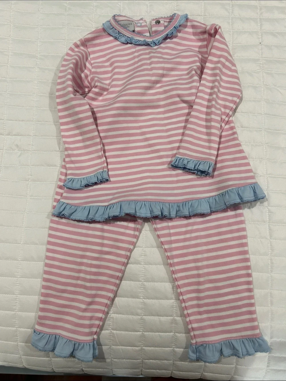 Girls' Pink & White Striped Set with Blue Ruffle Trim - Kids Matching Set